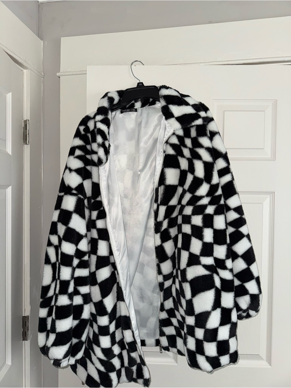 SHEIN Black and White Checkerboard Faux Fur Coat